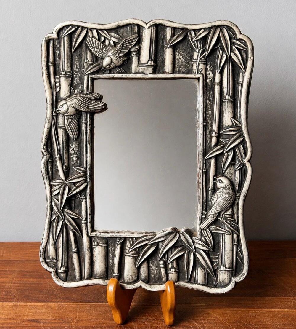 Vintage Chinoiserie Bamboo Bird Mirror | Silver Tone Hollywood Regency